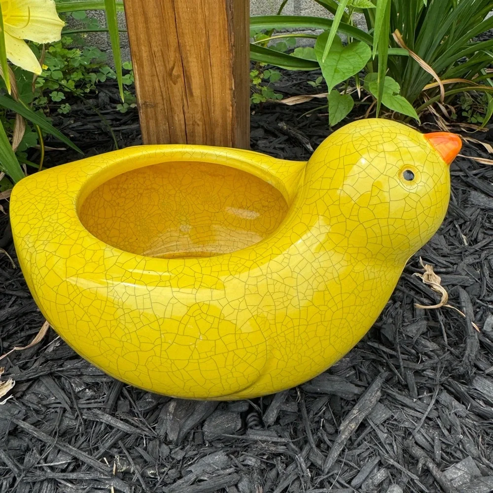 Harry & David Yellow Ceramic Bird Planter - Decorative Bird Feeder/Water Bowl